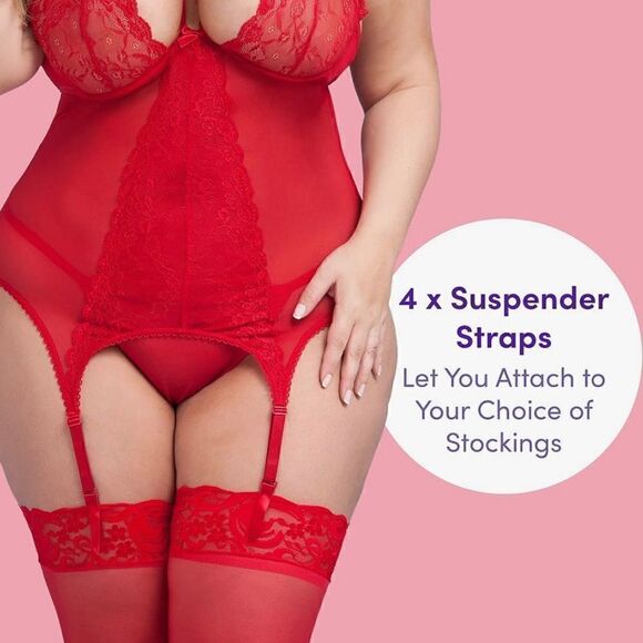 🆕 Red Lingerie Lace Basque Set Underwired w/Suspenders Matching G-String - Picture 6 of 13